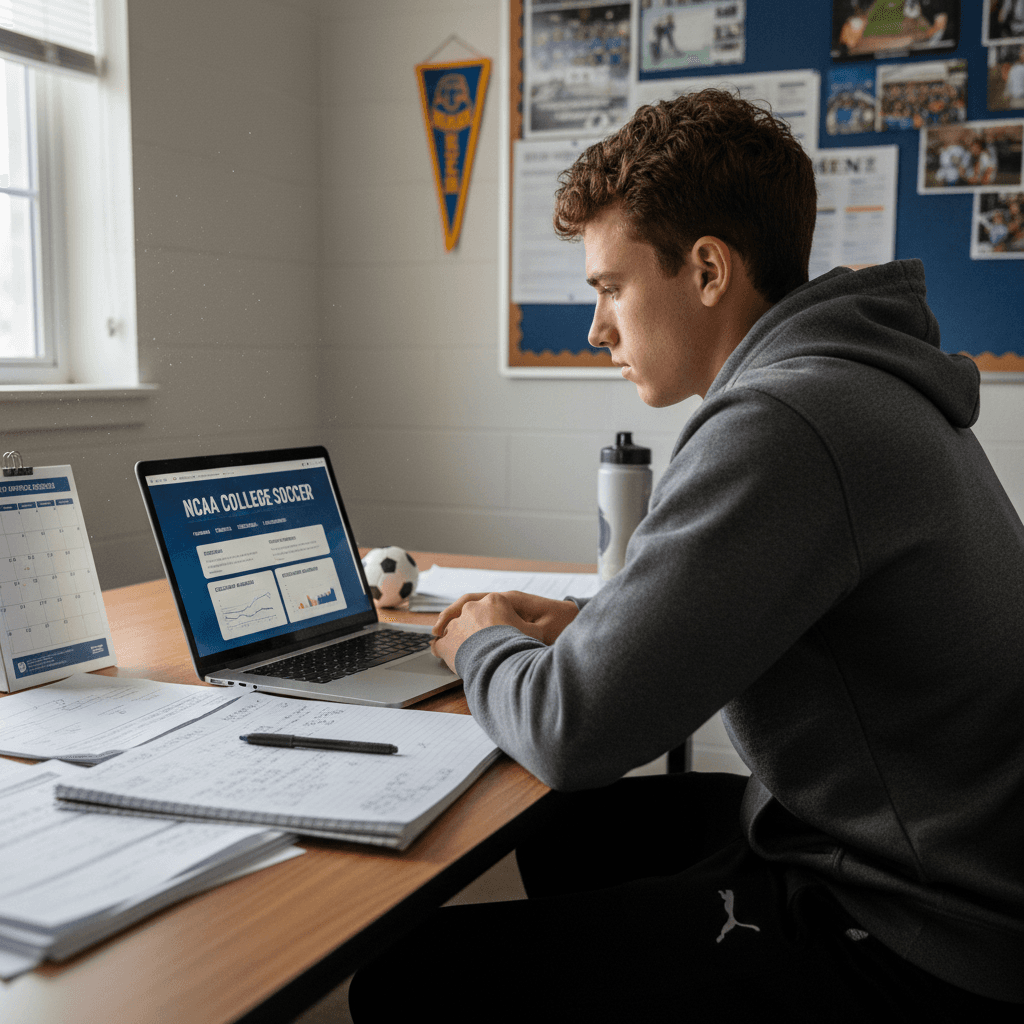 Student-athlete researching college soccer programs on laptop with recruitment materials