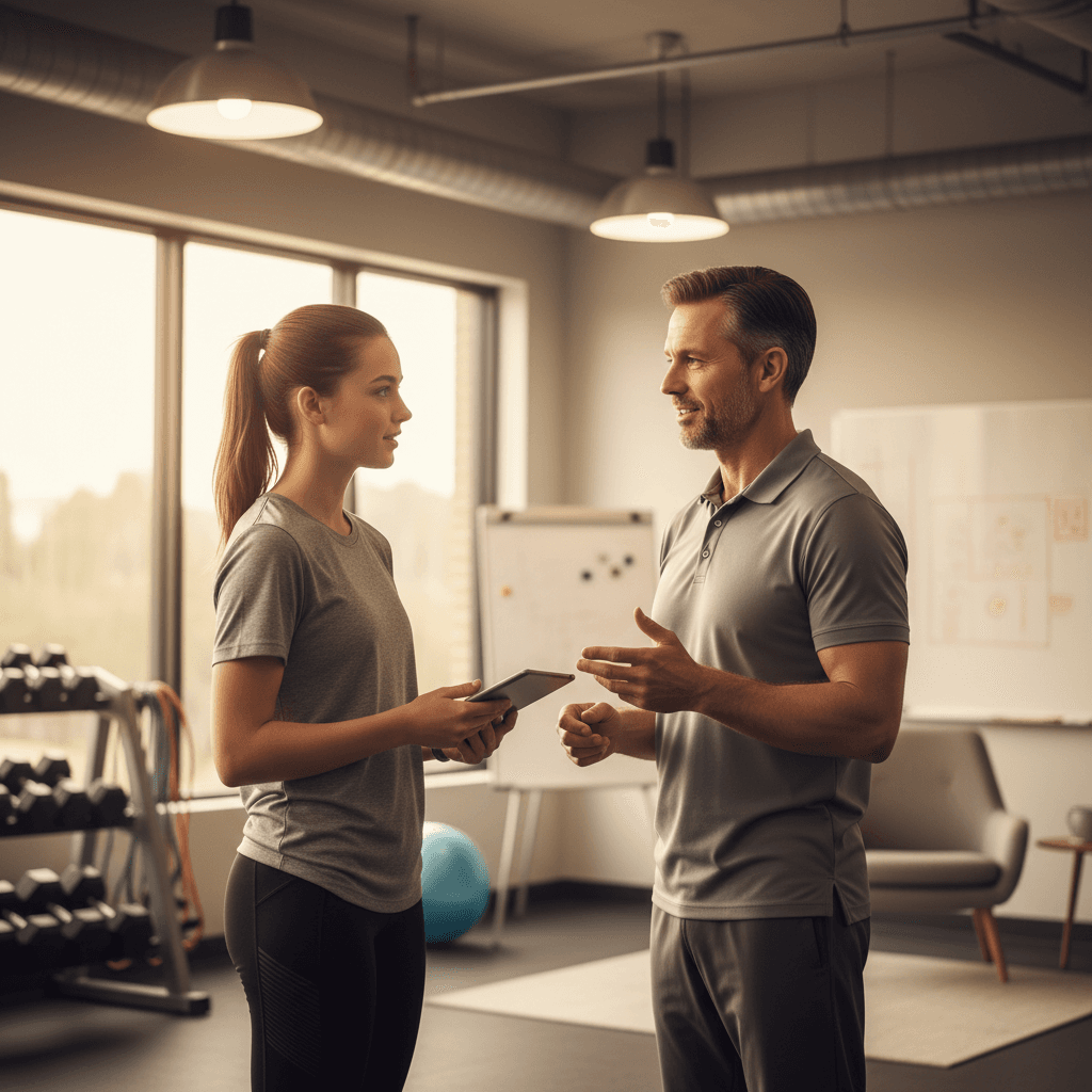 Coach and student-athlete having mentorship conversation indoors