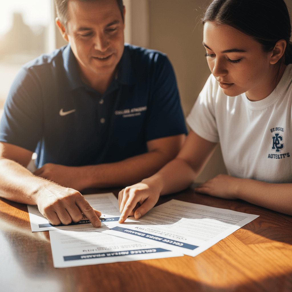 Coach and student-athlete reviewing college recruitment materials together