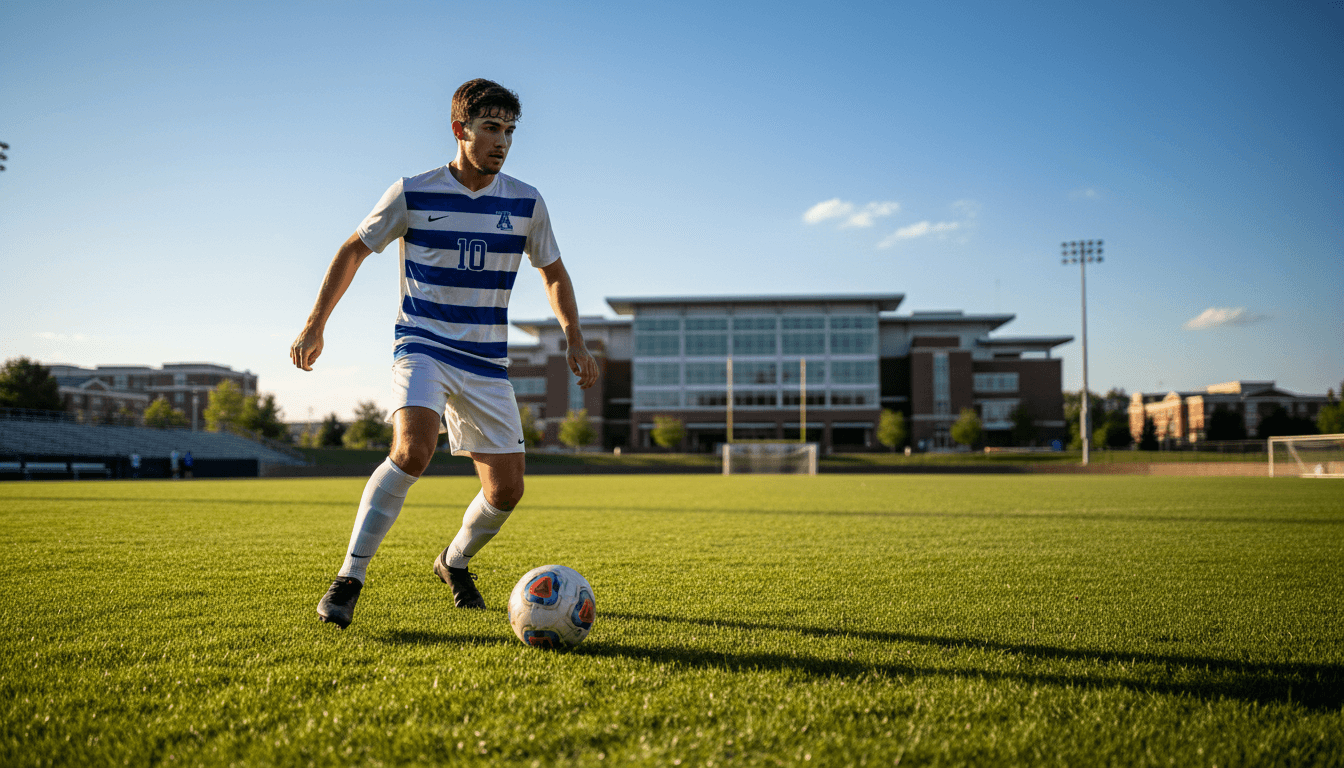 College soccer player in action on a sunlit field, demonstrating athletic skill and determination