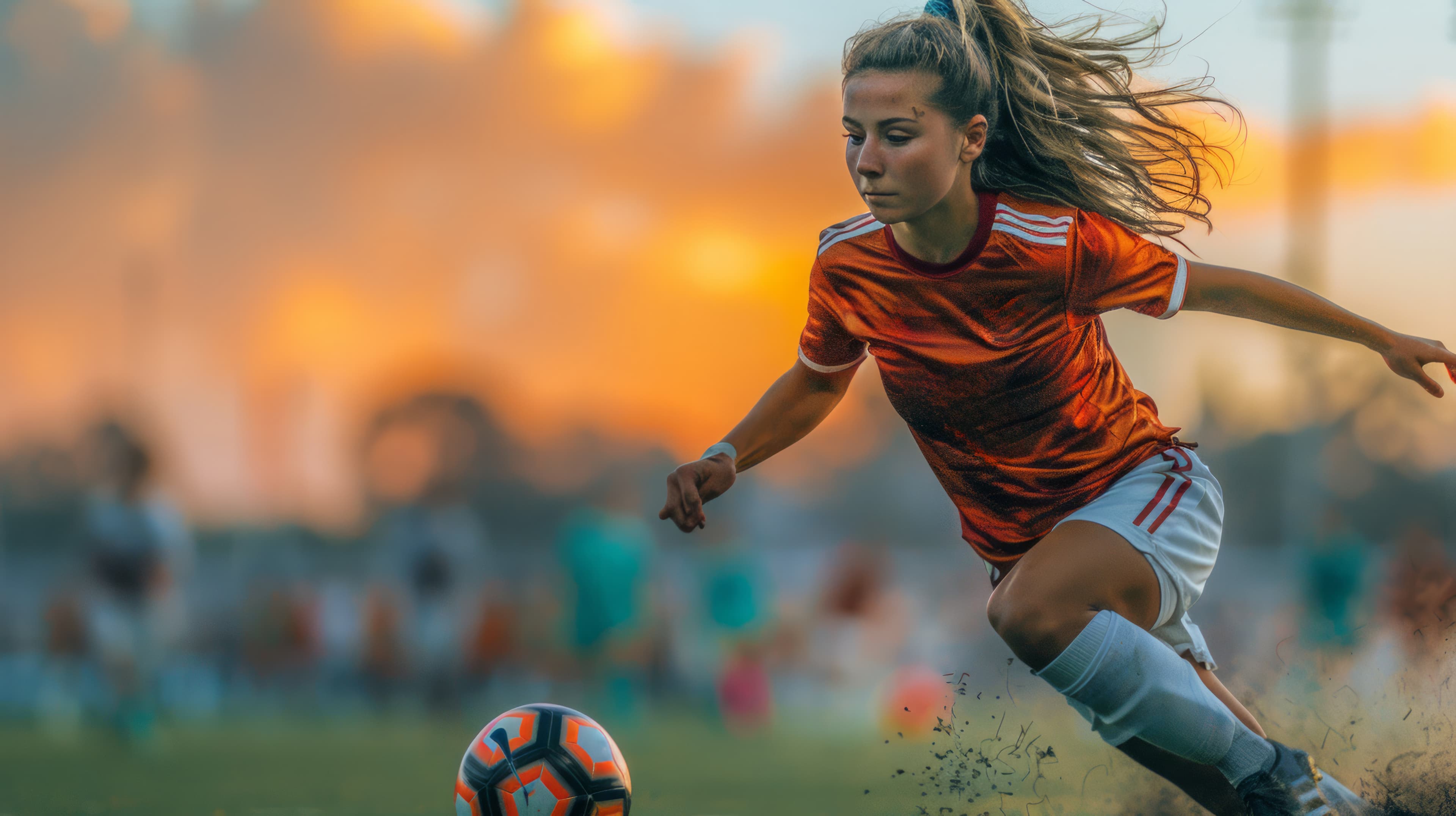 Female soccer player in orange jersey sprints with a ball during a vibrant sunset game.